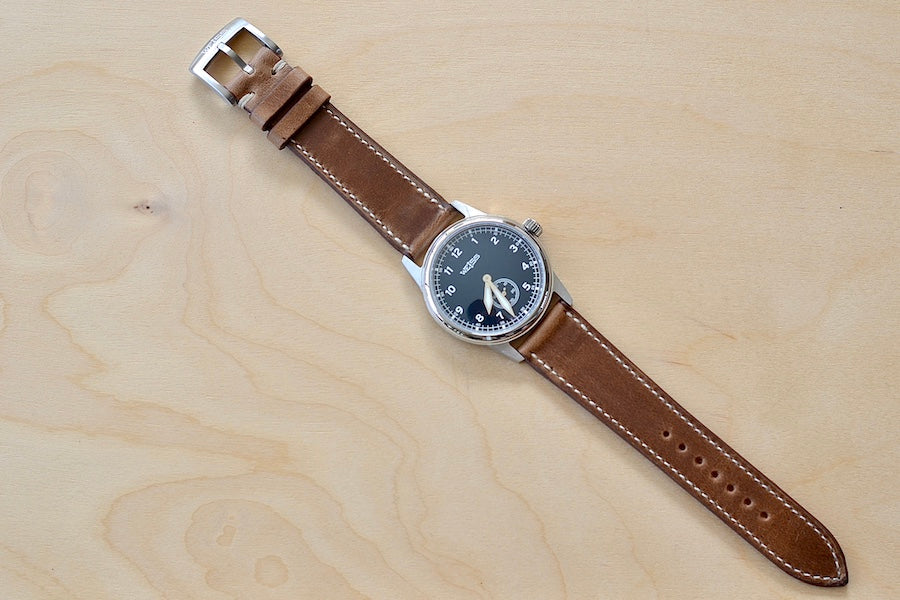 Full image of Weiss Watch 38mm Standard Issue Field Watch with Navy Blue Dial and Brown Horween Leather strap is manually wound, made with American parts, featuring Super Luminova hands and markers for all everyday adventures..