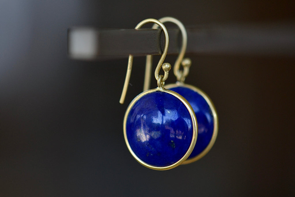 Alternate view of large moon earrings in lapis.