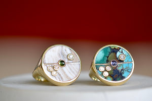 
            
                Load image into Gallery viewer, Champagne Agate and Turquoise Compass Signet Rings with stone inlay and accent stones by Retrouvai.
            
        