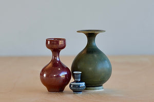 Miniature Hand Thrown Ceramic Vase Trio "J" in Green, Brown and Gray by Yuta Segawa on white.