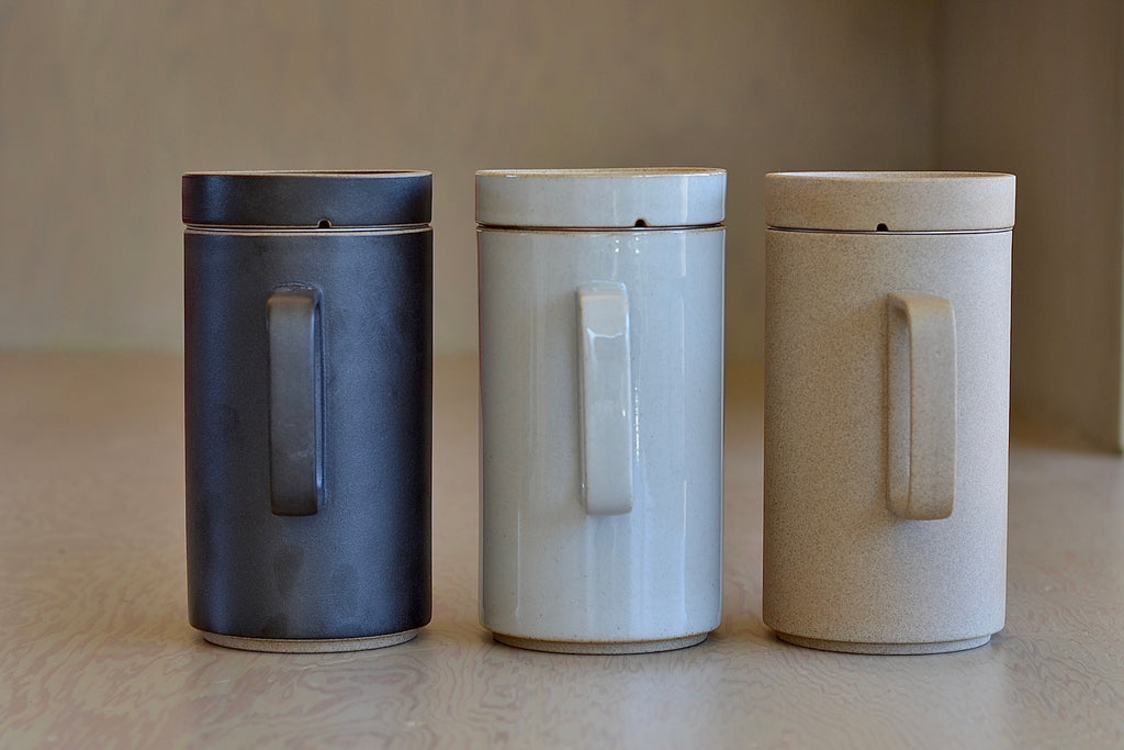 View from the back of all three tall Hasami tea pots.