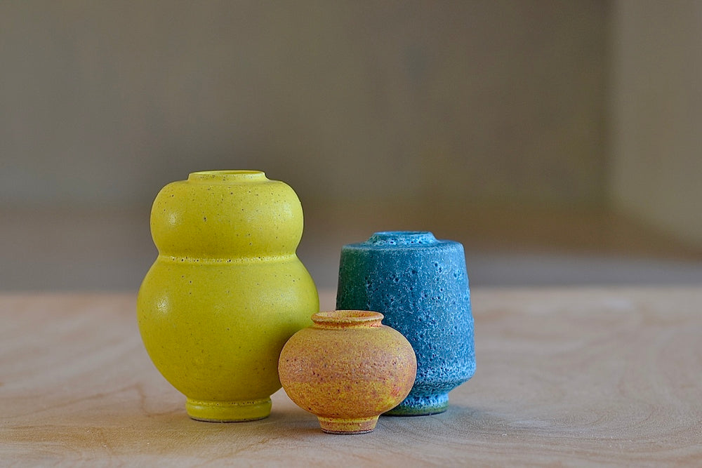 Miniature Hand Thrown Ceramic Vase Trio "K" in Yellow, Turquoise and Orange by Yuta Segawa.