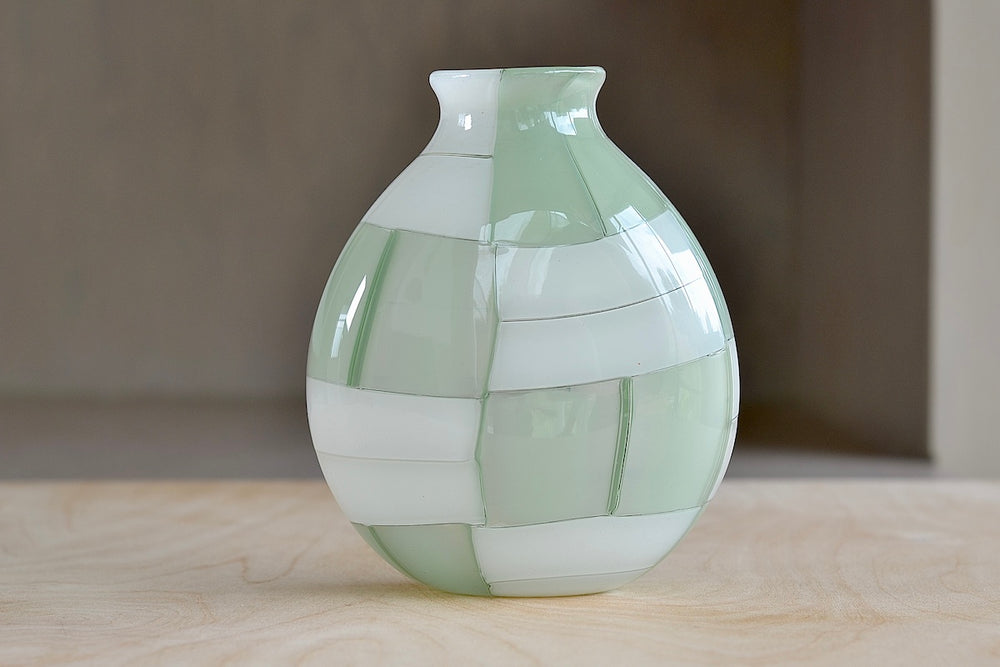 
            
                Load image into Gallery viewer, Alternate side of Robin Mix Small Green Pezzati Vase made and mouth blown in Tunbridge, Vermont.
            
        