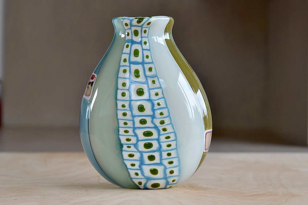 Spotted side of Robin Mix Small Vase with Windows and Spots in Grey, blue, onion and pale green.