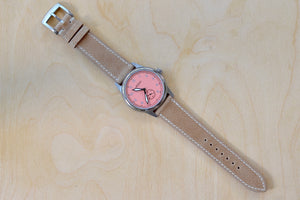 
            
                Load image into Gallery viewer, Full view of Limited Edition 38MM Standard Issue Field Watch in Pink Sand and titanium by Cameron Weiss. Pink dial and manually wound with American parts, hands and markers. Series of 30.
            
        
