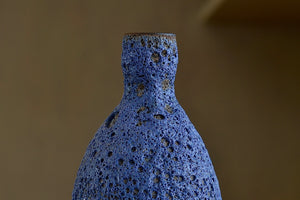 Detail of tall Blue Bottle vase in volcanic glaze by Heather Rosenman.