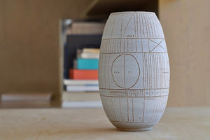 
            
                Load image into Gallery viewer, Hand thrown white clay vase 5946 with brown clay sgraffito &amp;quot;Scribe series&amp;quot; by Heather Rosenman.
            
        