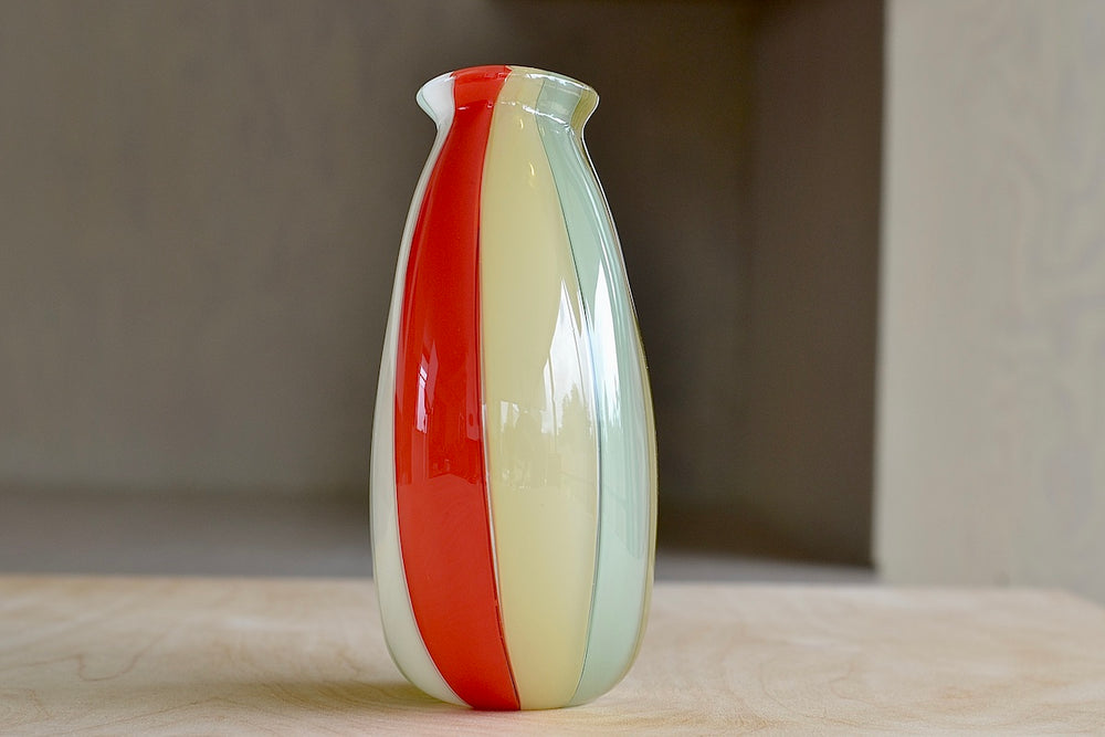 Side view of Robin Mix Small Flat Cane and multi color Vase made in Tunbridge Vermont.