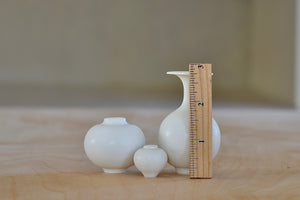 Miniature Hand Thrown Ceramic Vase Trio with ruler for scale by Yuta Segawa.