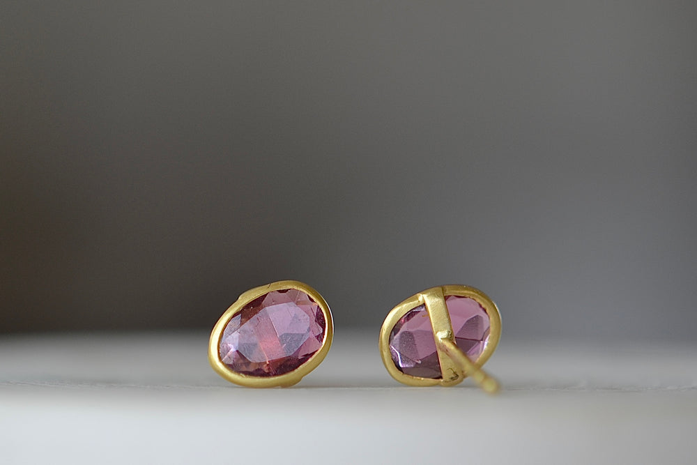 Back view of A new and smaller version of Pippa Small Classic Stud studs earrings in pink tourmaline and 18k yellow gold.