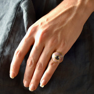 
            
                Load image into Gallery viewer, Wearing the small petite lollipop ring  in trolleite and spinel by Retrouvai.
            
        