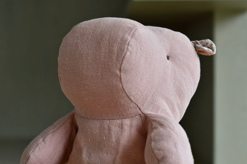 Close up of face and ears on Danish Medium Hippo by Maileg Safari Friends collection in 100% linen and old rose pink plush toy. The cuddliest cuddle friend.