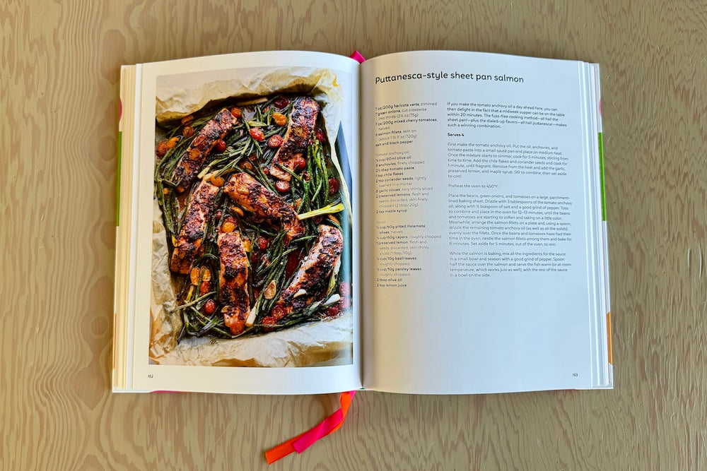 Puttanesca style sheet pan salmon page from Ottolenghi Comfort : A Cookbook.