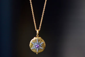 
            
                Load image into Gallery viewer, Arman Sarkyssian Oxidized Silver Star Locket with purple sapphire center stone and Diamond accent Pendant necklace in 22k Yellow Gold. 
            
        