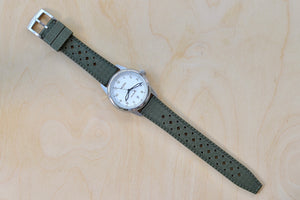 Weiss Watch 38mm Automatic Field Watch with White Dial and date, shown with olive rubber strap , made with American parts, featuring Super Luminova hands and markers. 