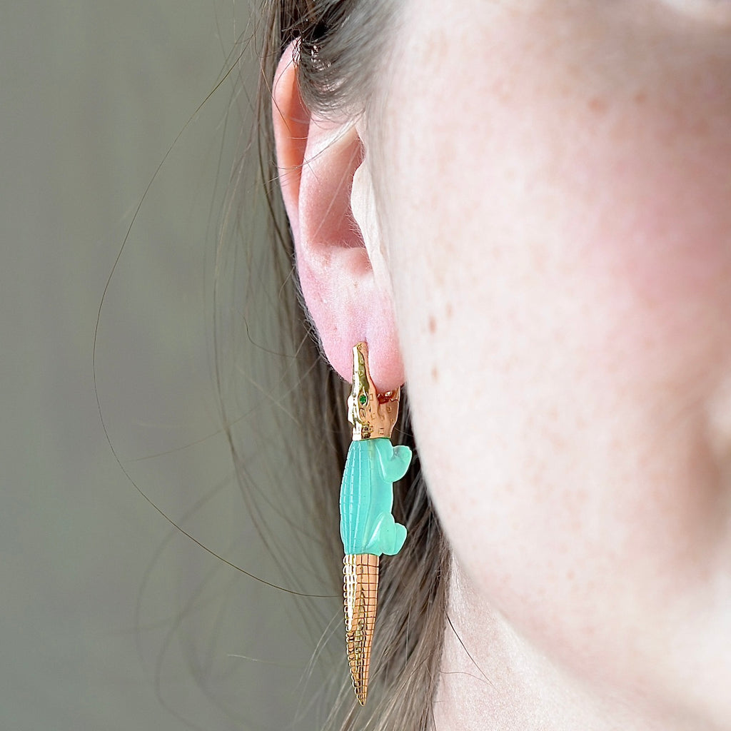 Wearing the chrysoprase Alligator Bite earring by Bibi Van Der Velden.