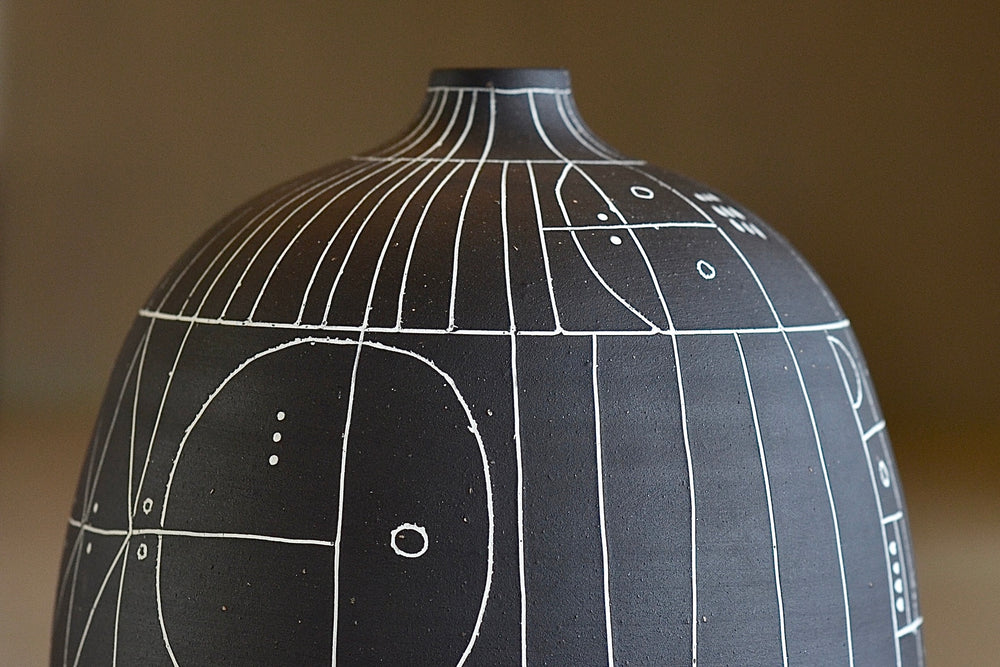 
            
                Load image into Gallery viewer, Detail of The HR 400 &amp;#39;Scribe&amp;quot; vase is a ceramic  hand thrown stoneware vase with sgraffito patterns by Heather Rosenman. 
            
        