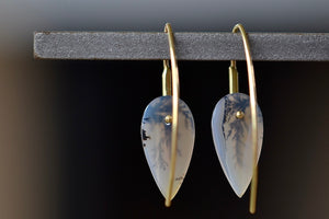 
            
                Load image into Gallery viewer, View from back of Feather Earrings in Dendritic Agate by Rachel Atherley.
            
        