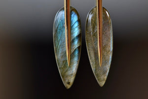 
            
                Load image into Gallery viewer, Close up of small Feather Earrings in Labradorite by Rachel Atherley.
            
        