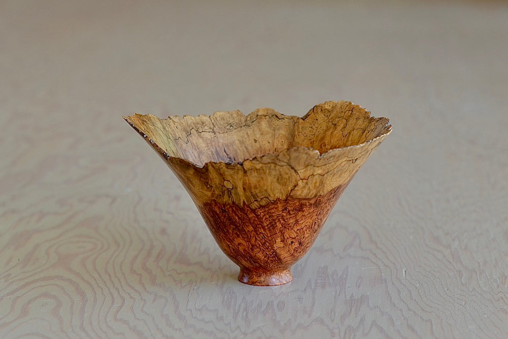 Alternate view of Bert Marsh 1932-2011 Turned Wood Raw Edge Bowl in two tone brown with natural inclusions.