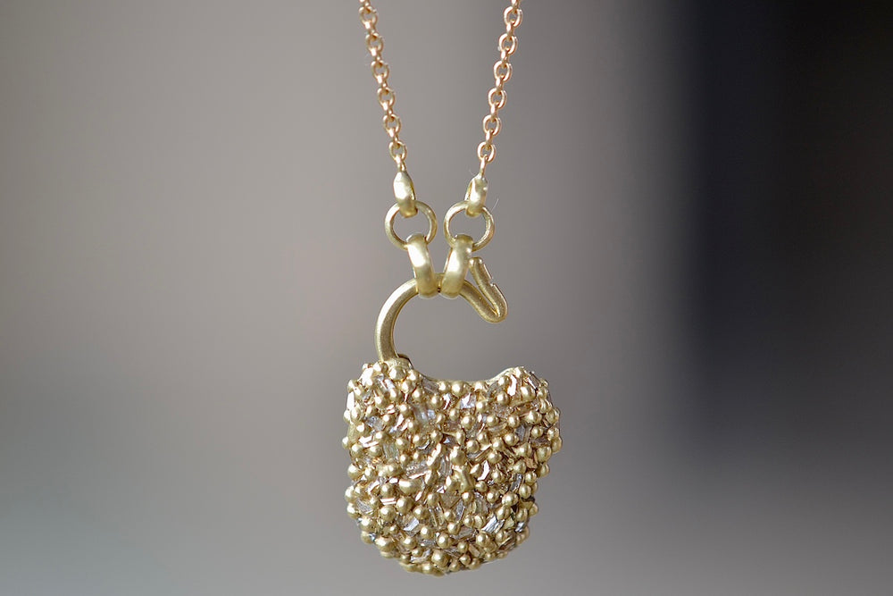 
            
                Load image into Gallery viewer, Showing the Small River Diamond Baguette Fuzzy Pad Lock Necklace &amp;quot;Petite Coeur de Fantasie&amp;quot;  open. Designed by Polly Wales. Cast Not set.
            
        