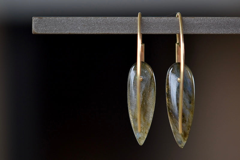 
            
                Load image into Gallery viewer, View from back of small Feather Earrings in Labradorite by Rachel Atherley.
            
        
