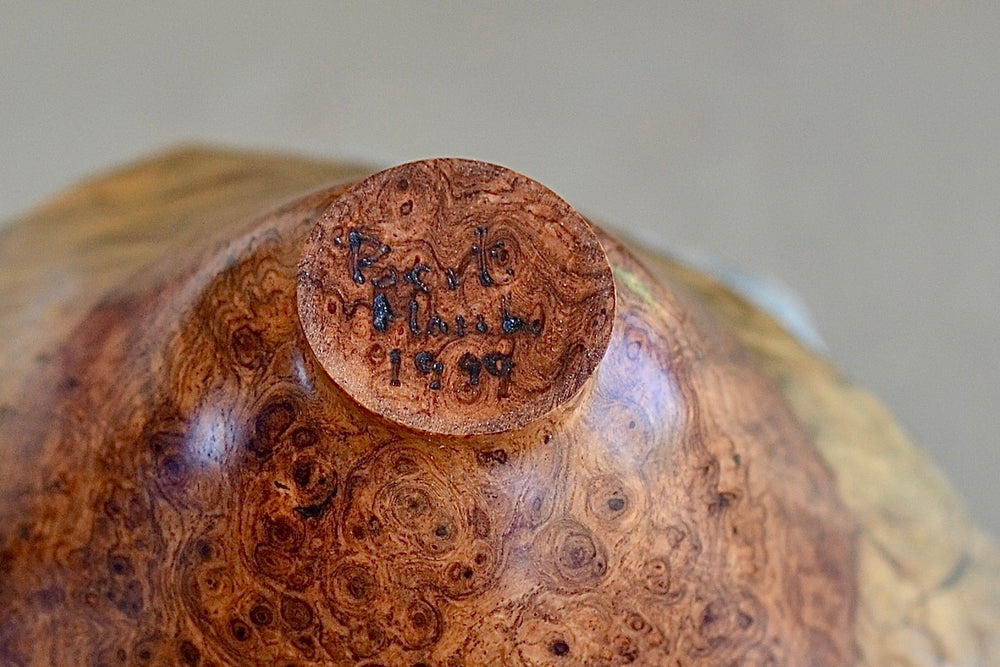 Signature on Bert Marsh 1932-2011 Turned Wood Raw Edge Bowl in two tone brown with natural inclusions.