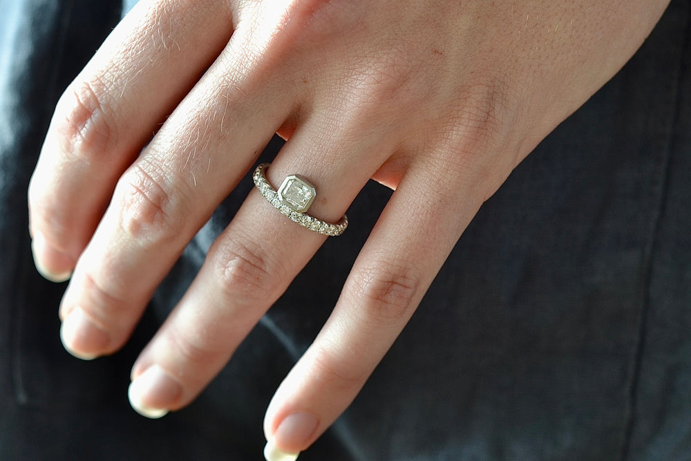 Wearing the Offset Floating Solitaire by Elizabeth Street Jewelry.