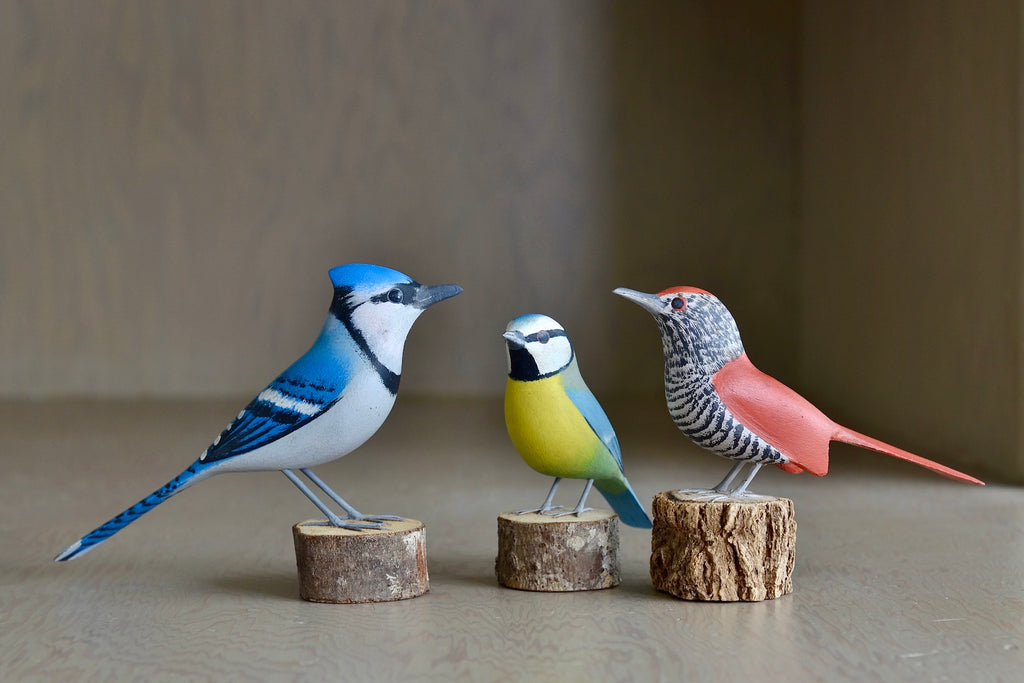 Blue Jay, Blue Tit and Striped Choca wood bird folk art sculptures, hand carved in Brazil.