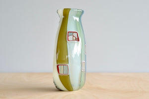 Side view of Robin Mix Small Murrine Thaibo Vase with Windows and Spots in Grey, blue, onion and pale green.