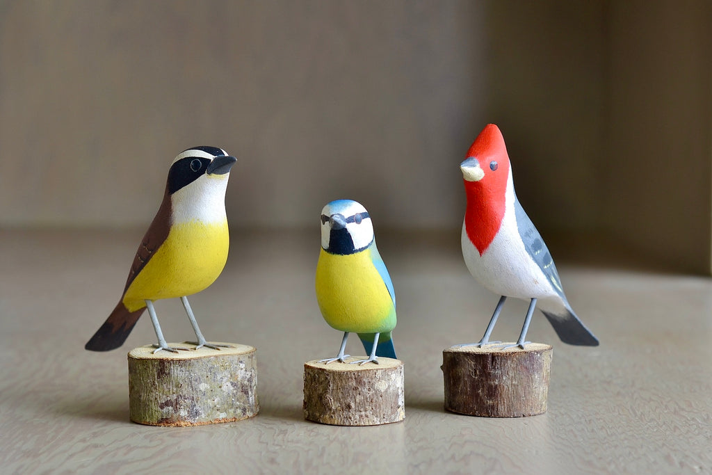 Great Kiskadee, Blue Tit and Red Cardinal bird sculptures from Brazil.