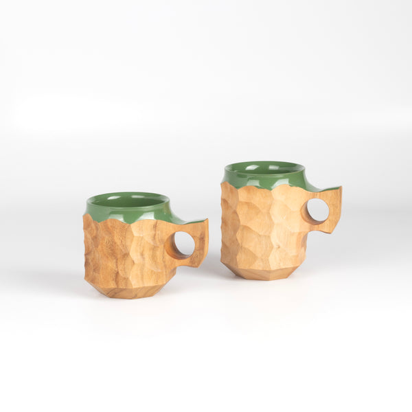 Medium and large Jincup in Hybrid Green Urushi, a carved mug by Akihiro Woodworks, utilizing Tabunoki wood and has green lacquer on rim and inside.
