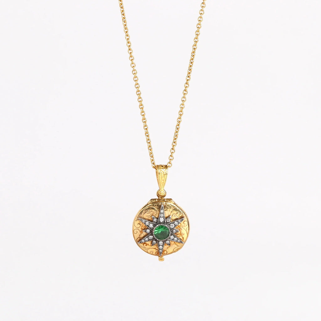 Arman Sarkyssian Oxidized Silver Star Locket with Green emerald center stone and Diamond accent Pendant necklace in 22k Yellow Gold on white background.