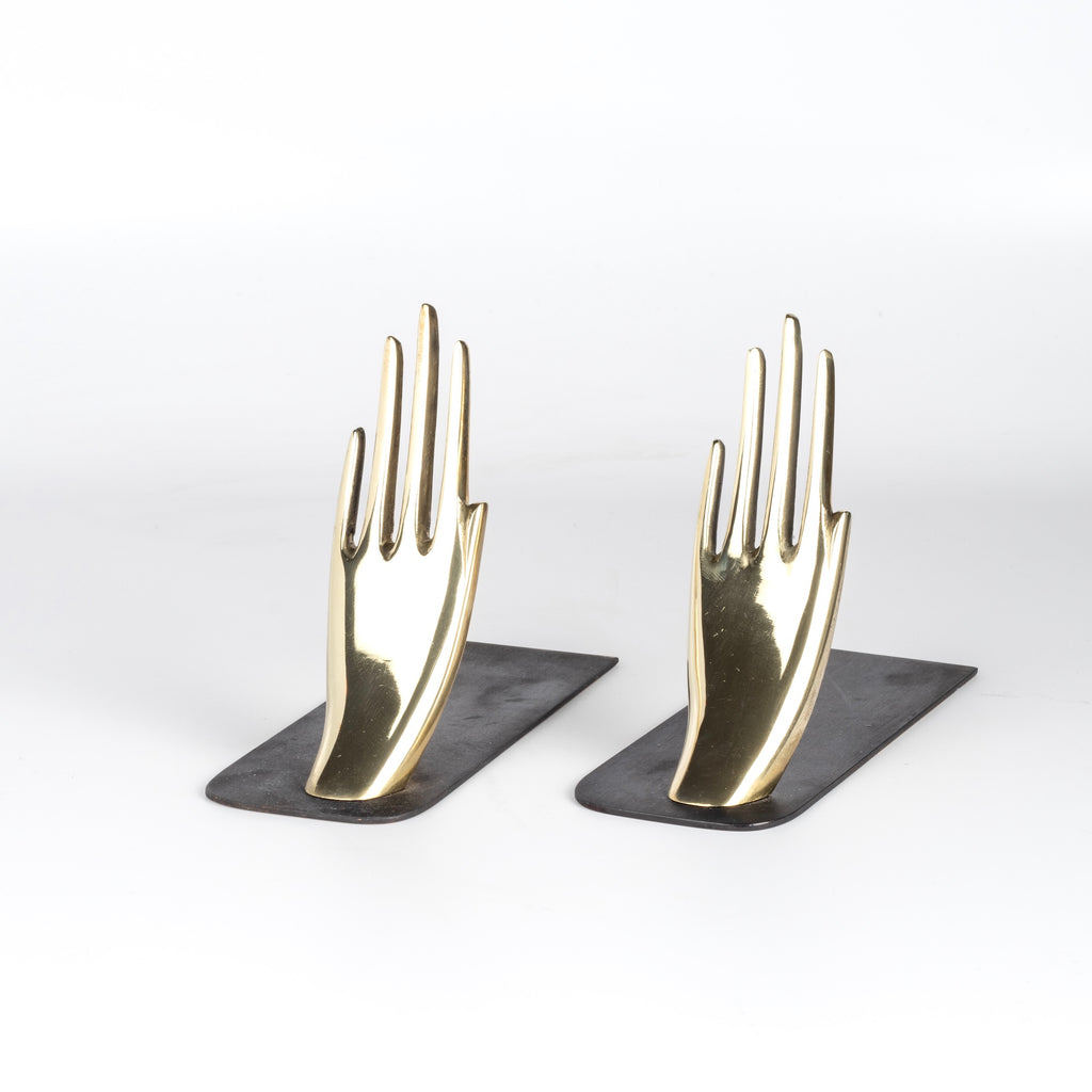 Front view of Carl Aubock Bookends 1928 Hands bookends are polished and hand shape bookends 1928 with patinated base. Designed by Carl Auböck and handmade in Austria.