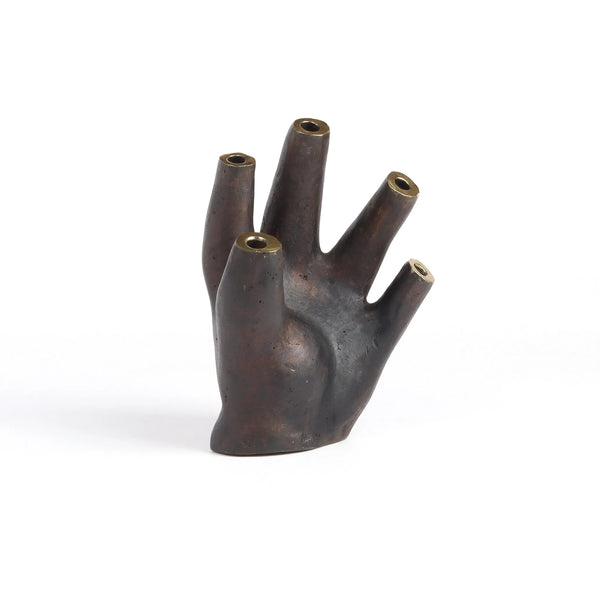 Carl Aubock Vase 3788 called glove, a patina brass vase with polished rim top.