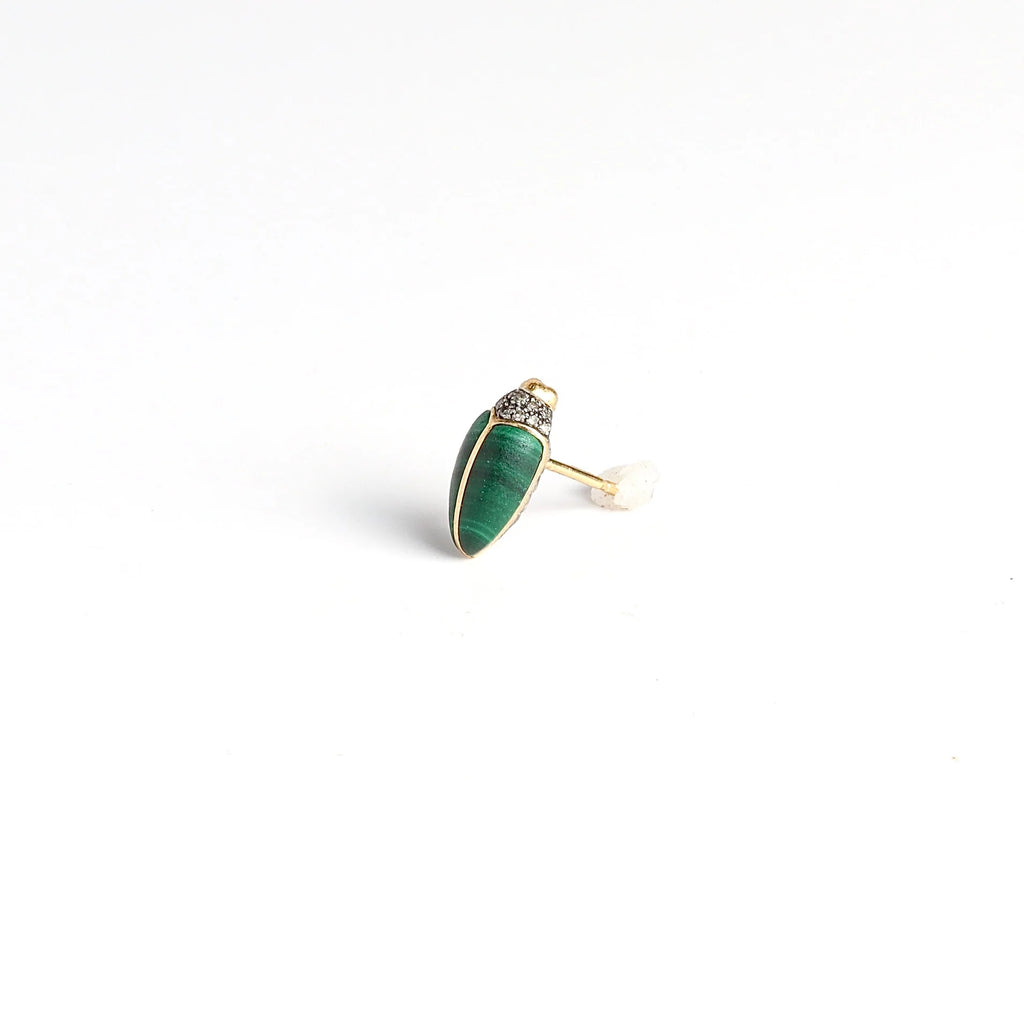 Malachite Scarab stud earring by Bibi Van Der Velden on white background.