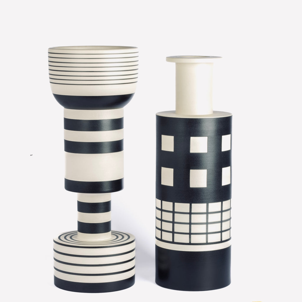 Ettore Sottsass Calice and Rocchetto Vases for Bitossi on white background.