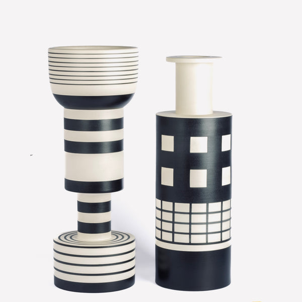 Ettore Sottsass Calice and Rocchetto Vases for Bitossi on white background.