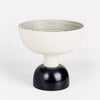 Ceramic Sottsass vessel Alzata Grande in black and white stripes on white background.