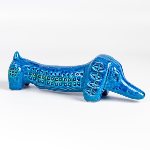 Bitossi Rimini Blue Dachsund Dog on white background.