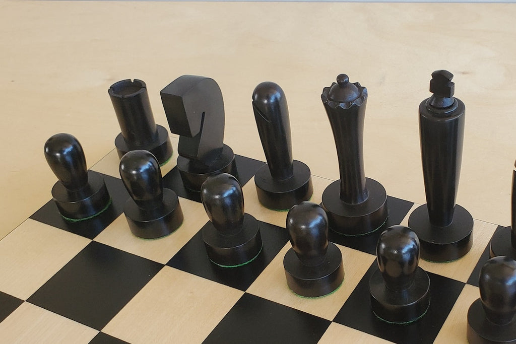 New Berliner Chess Set close up of black pieces.