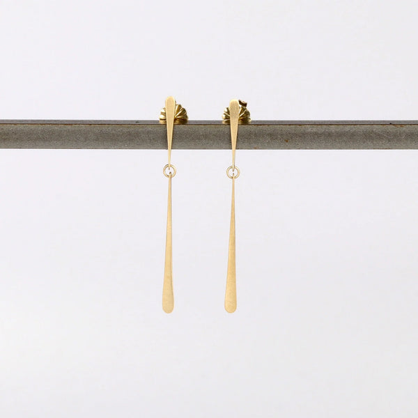 Double Fringe Post Earrings by Carla Caruso on white background are made from one short and one long elongated teardrop fringe connected in the middle with post closure in 14k satin gold, allowing for lots of sparkle. Handmade in Massachusetts.