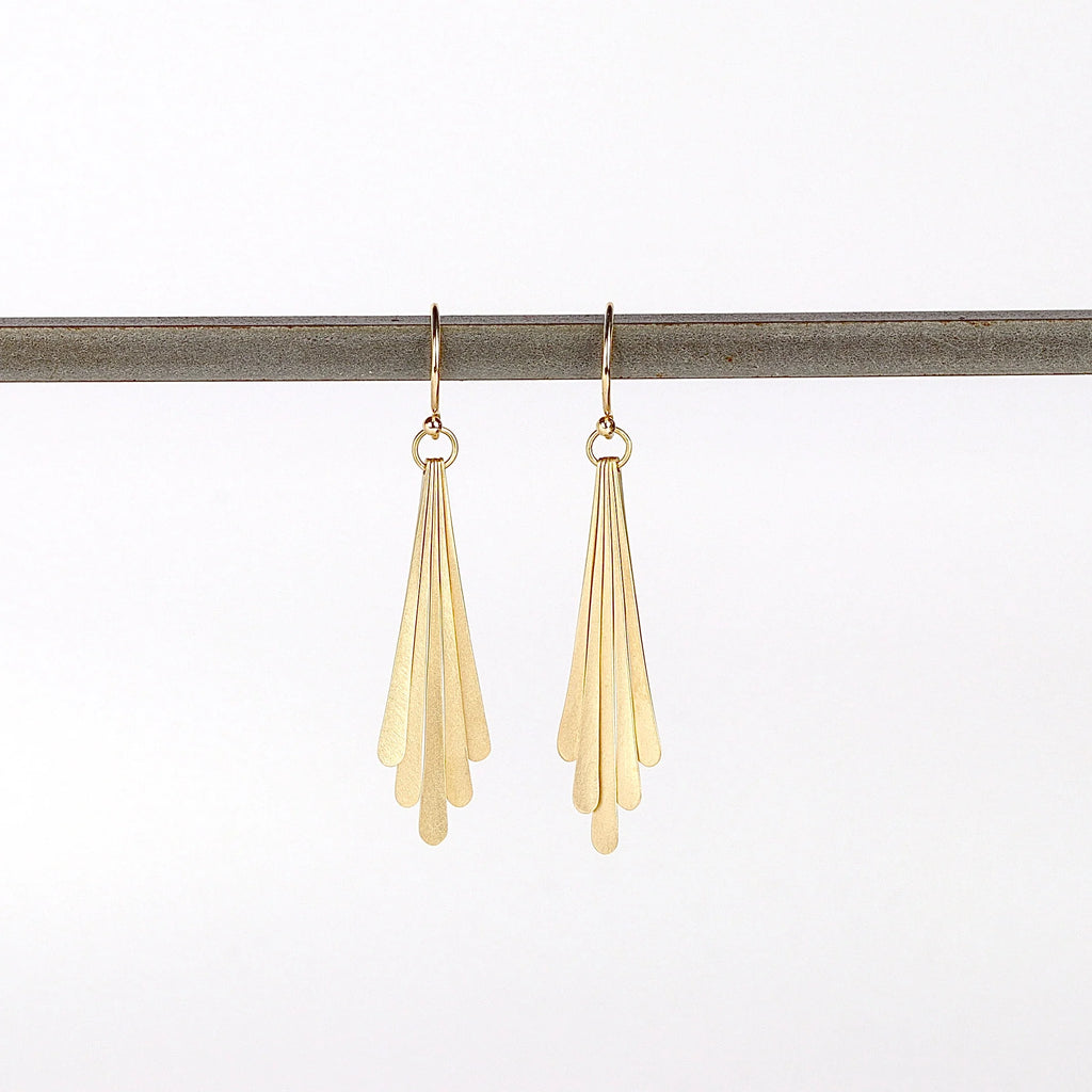 Carla Caruso Five Fringe Drop earrings in 14k yellow satin matte gold. Everyday Elegance.