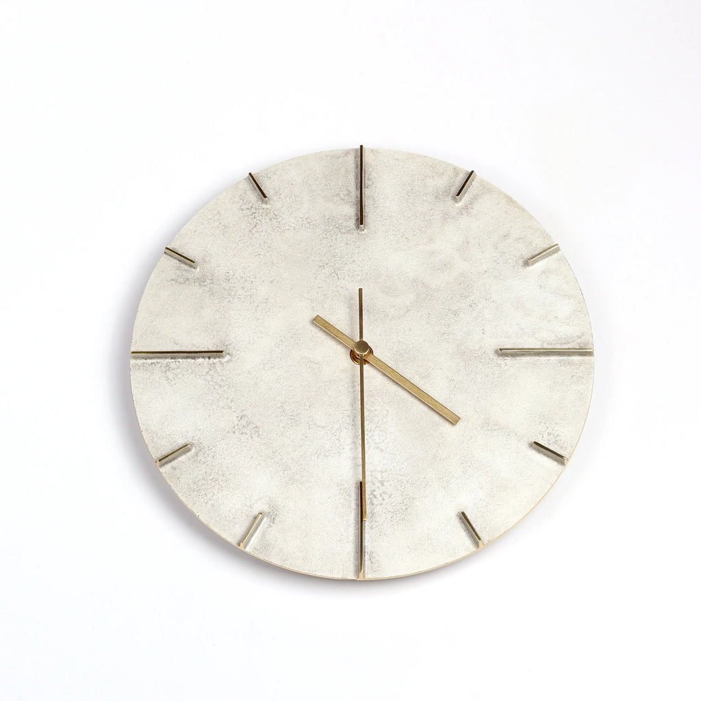 Lemnos Japanese Cast Brass Clock "Quaint" Silver Finish made in Toyama on white background. Designed by Shin Azumi.
