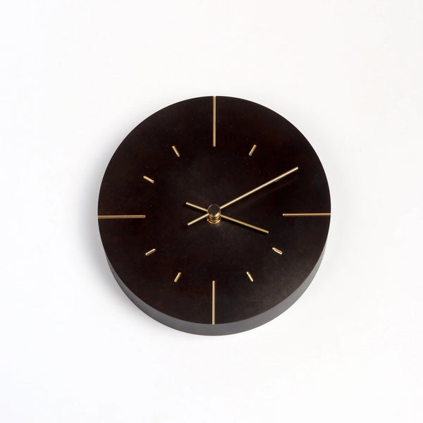 Lemnos Japanese Cast Brass Clock "Orb" Patina Finish made in Toyama on white background. Designed by Shin Azumi.