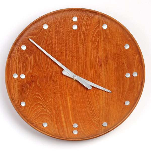 Finn Juhl Teak Wall Clock Large by Architectmade on white background.