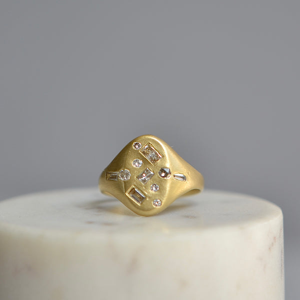 Harlequin Mixed Cut Diamond Confetti Signet by Polly Wales in  matte 18k gold and mixed cut white diamonds size 6.5.