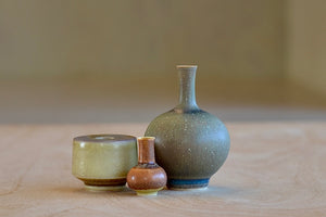 Yuta Segawa Miniature Hand Thrown Ceramic Vase Trio in Green, brown and Taupe.