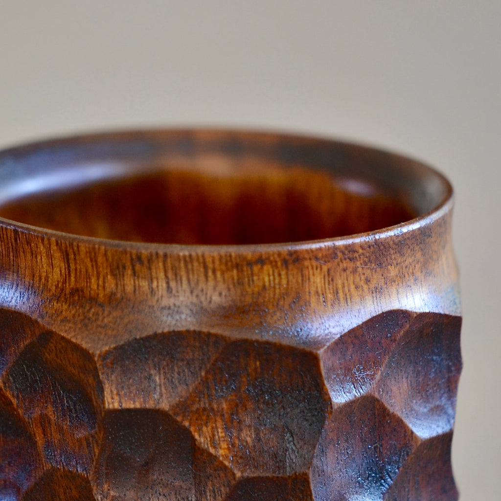 Close up of rim and carving on Urushi jincup by Akihiro Woodworks.