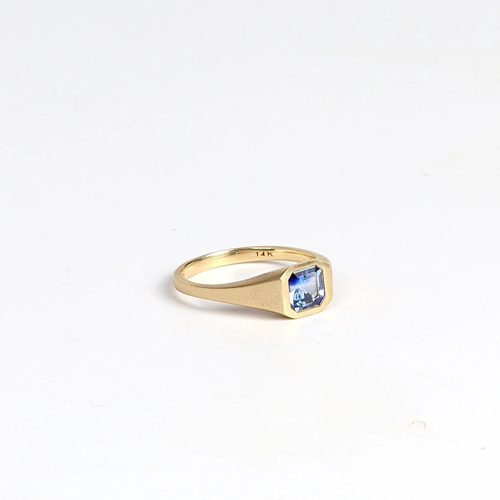 Alternate side of Side view of Ceylon Sapphire Signet by Elizabeth Street Jewelry. 